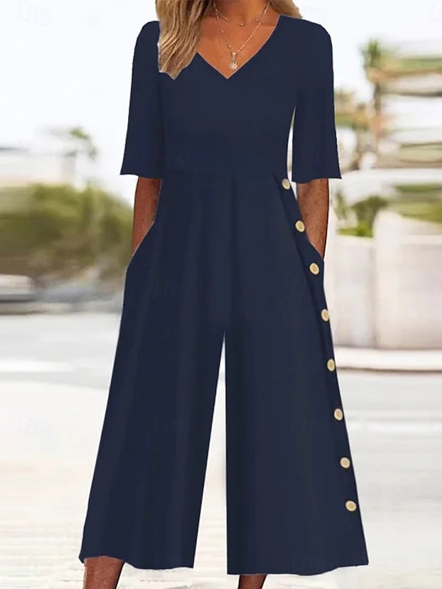 Dames Normaal Jumpsuit Actief Effen Kleur Halve mouw Breed Been V-hals Knop Zak Vakantie Dagelijks Normale pasvorm Marineblauw Zomer