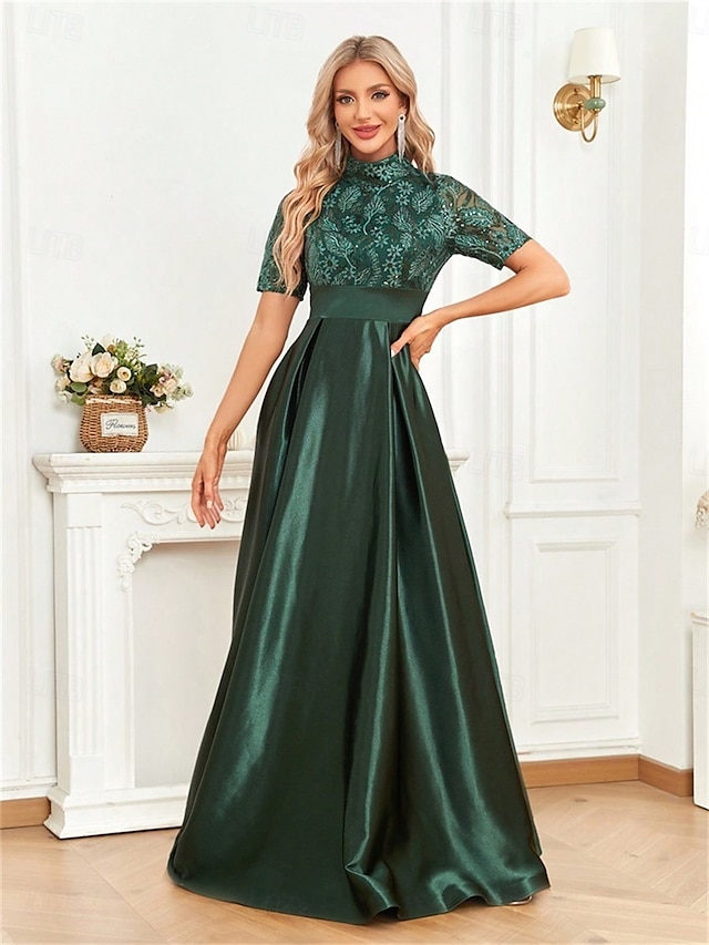  A-Line quinceanera šaty elegantní šaty formální svatební šaty po podlahu krátký rukáv kulatý výstřih polyester s plisováním