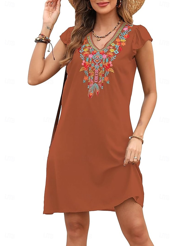  Women's Mini Dress Casual Dress Fashion Modern Elegant Dress Cap Sleeve Wedding Daily Date Regular Fit Floral Embroidery Sleeveless V Neck Black White Orange Summer