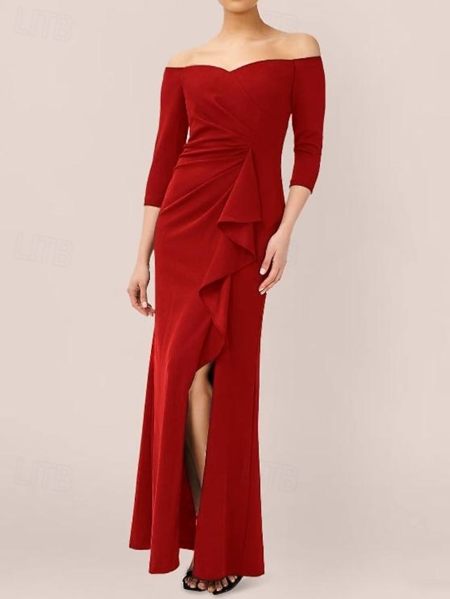 Sjøsalt  Trumpet Kvelds Kjole Elegant Kjole Formell Bryllup Gulvlengde 3/4 Lengde Erme Off Shoulder Stretch Krepp med Folder Rynkede Volanger