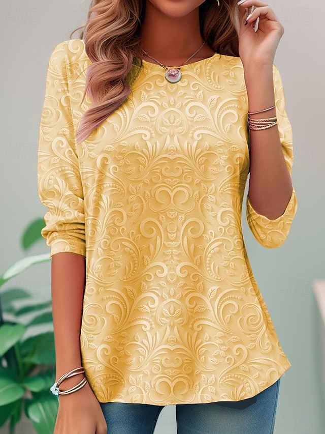  Dame T-shirt Lang Ærme Rund Hals Lang Ærme Tunika 3D Print Blomster Elegant Vintage Regulære Toppe Dagligt Gå ud Weekend Print Perle Forår