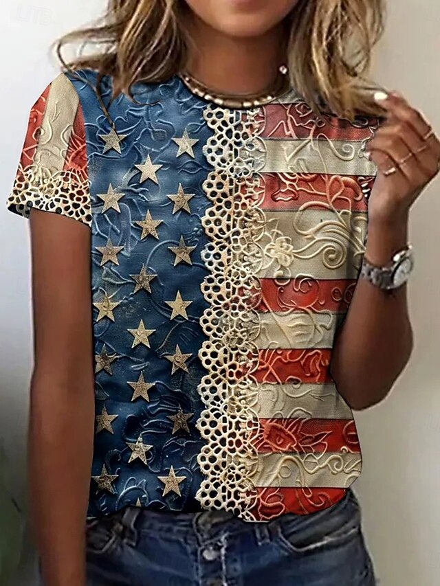 Women's Patriotic  T Shirt Floral Graphic Flag Fashion Casual Short Sleeve Crew Neck Round Neck Regular Tops Daily Print Blue Khaki Summer Spring3