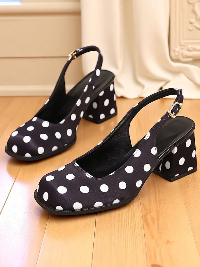  női fekete-fehér pöttyös, slingback blokk sarkú cipők – retró vintage stílusú elegáns cipők partikra, irodába és mindennapi viseletre