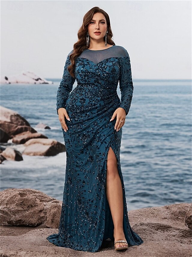  Havfrue  Trumpet Plus Size Klänningar Elegant Kurv Klänning Formell Bröllop Golvlängd Lång Ärmar Rundad Hals Polyester med Slits