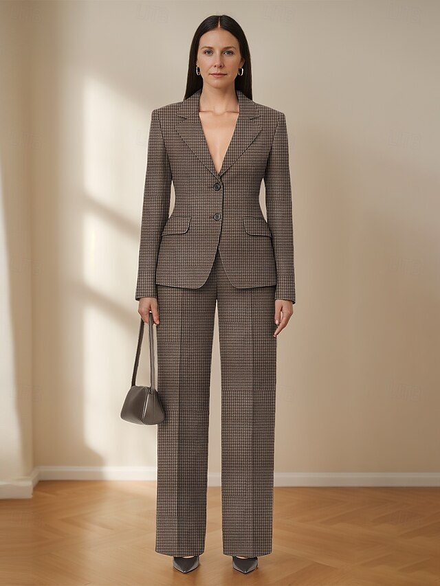  Plaid Two Piece Jumpsuit / Pantsuit Pantsuit Mother of the Bride Tailored Blazer Set Vintage Simple Notched Lapel Floor Length Stretch Suit Long Sleeve with Flap Pockets