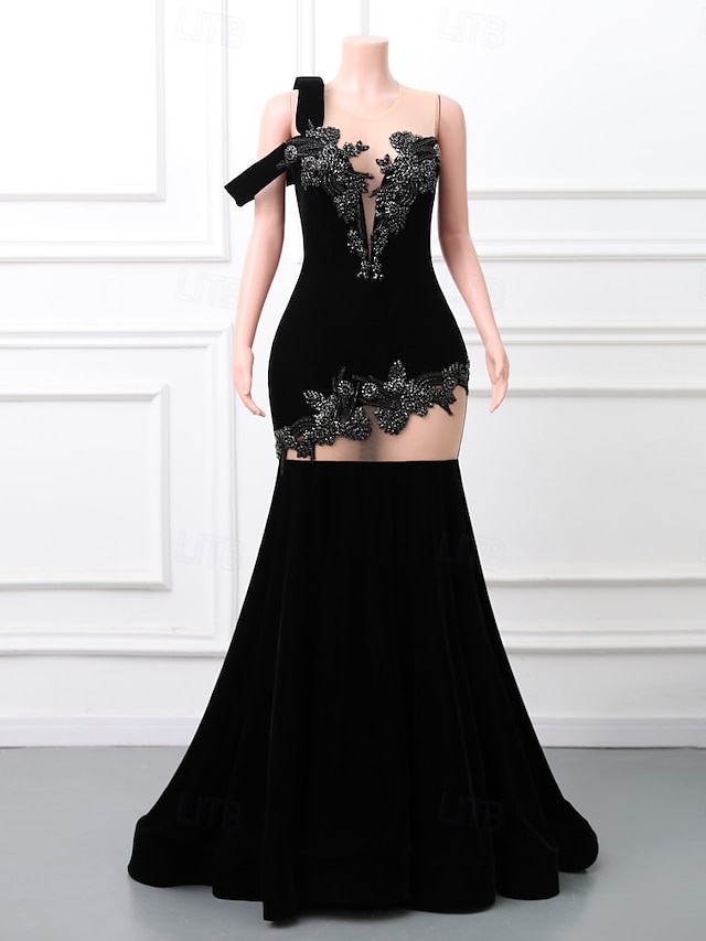  Rochie de seară Sirenă  Trompetă Rochie elegantă Formală Bal Tren la curte Fără mâneci Gât rotund Catifea cu aplicații