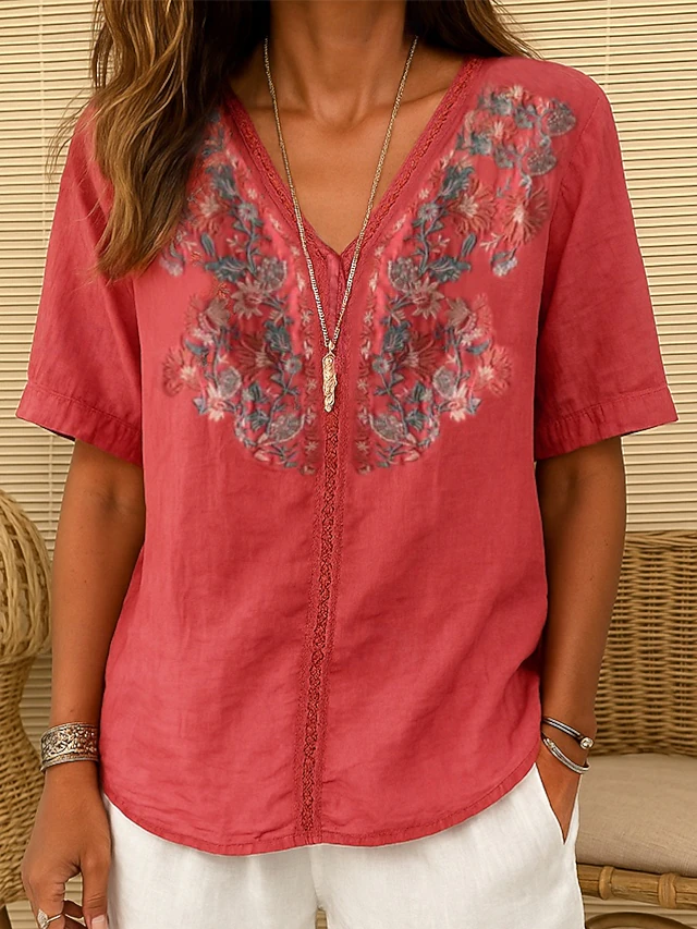 Women's Cotton Linen Shirt embroidery Plants Elegant Vintage Fashion Short Sleeve V Neck Regular Tops Daily Going out Weekend Embroidered Red Navy Blue Light Brown Summer Spring4