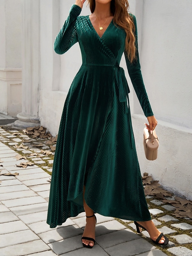  Femmes Robe maxi Robe Portefeuille Robe trapèze Occasionnel Quotidien Coupe régulière Uni manche longue Col en V Noir Rouge Vert Automne Hiver