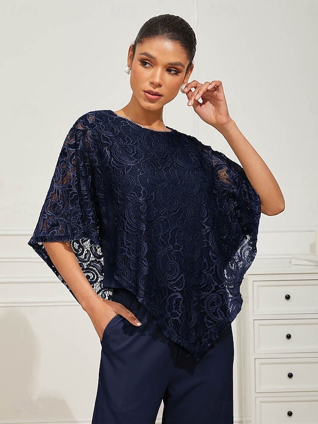  Damen Bluse Elegante Oberteile Glatt Elegant Halbe Ärmel Rundhalsausschnitt Normale Oberteile kleid hochzeitsgast Täglich Spitze Patchwork Layer-Look Marineblau Sommer Frühling