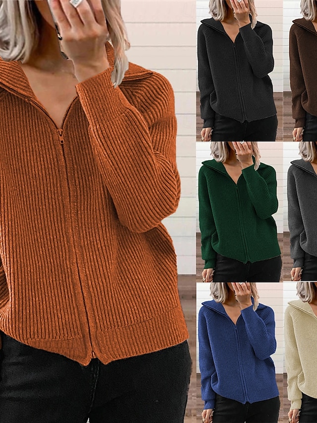  Femmes Pull Cardigan Élégant Mode Streetwear Couleur Unie Col de chemise Fermeture éclair Tricoté manche longue Hauts Réguliers Tricoter Extérieur Quotidien Week-end Noir Bleu Automne Hiver