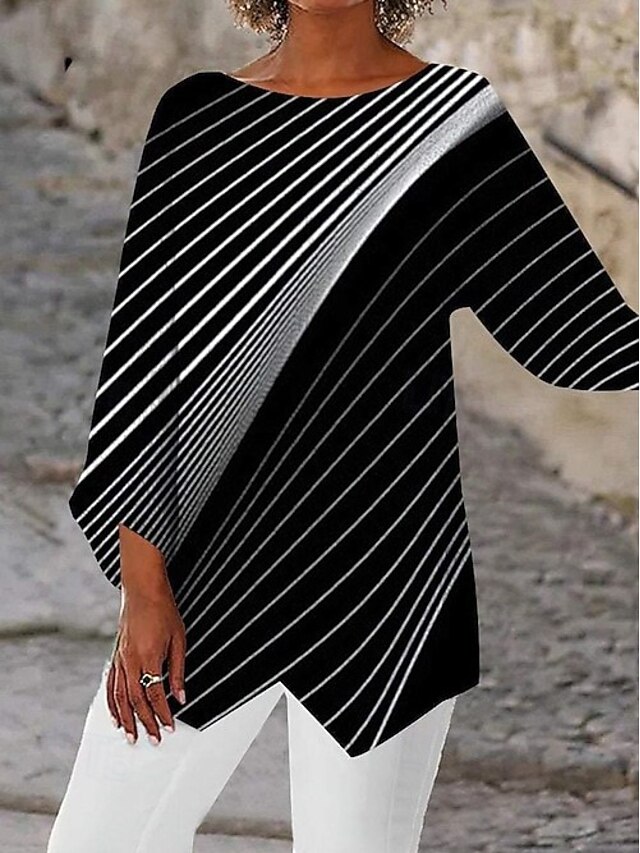 Women's Blouse Striped Daily Stylish Long Sleeve Crew Neck Regular Tops Daily Holiday Print Asymmetric Hem Black Summer Spring4