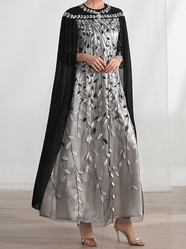  Robe cape A-Line Mère de la mariée Élégante Col bateau Cristaux Longueur au sol Manches longues avec broderie en dentelle