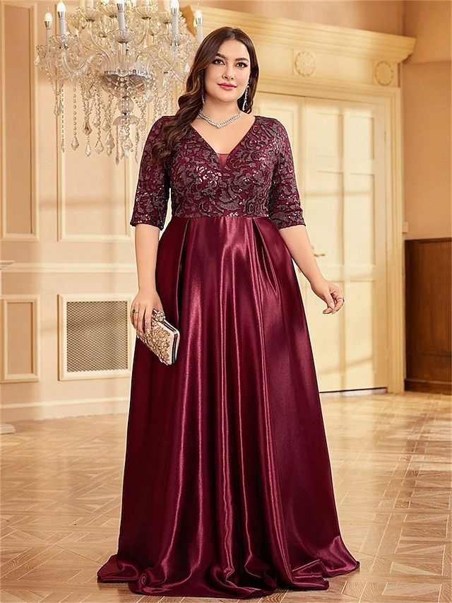  A-Line Taglie Forti Abiti Elegante Curve Abito Formale Matrimonio Lunghezza Piena Manica Mezza V Collo Poliestere con Pieghe 2025