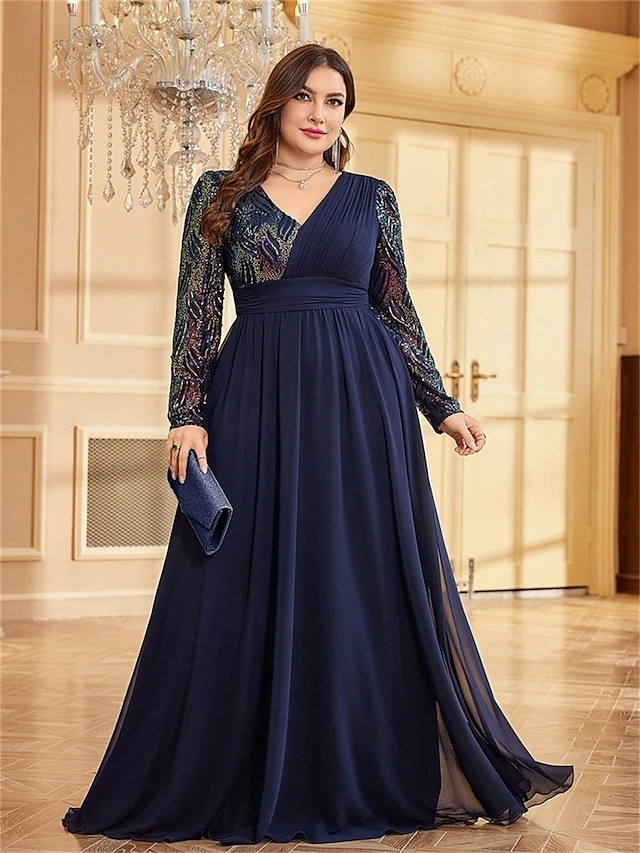  A-Line Plus Size Dresses Elegant Curve Dress Formal Wedding Floor Length Long Sleeve V Neck Chiffon with Sequin