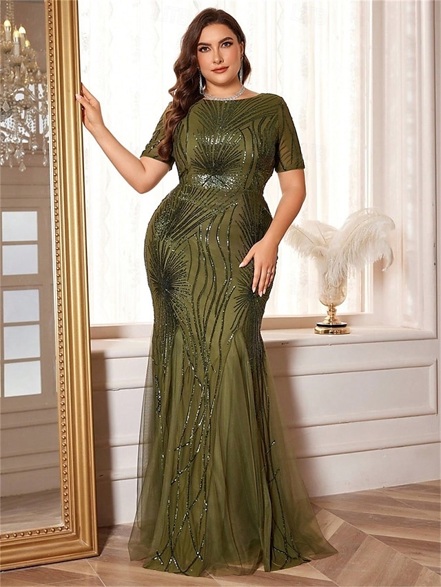  Abiti da Mare  Tromba Taglia Plus Elegante Abito Curve Formale per Matrimonio Lunghezza Della Terra Manica Corto Collo A Giro Poliestere con Paillettes 2025