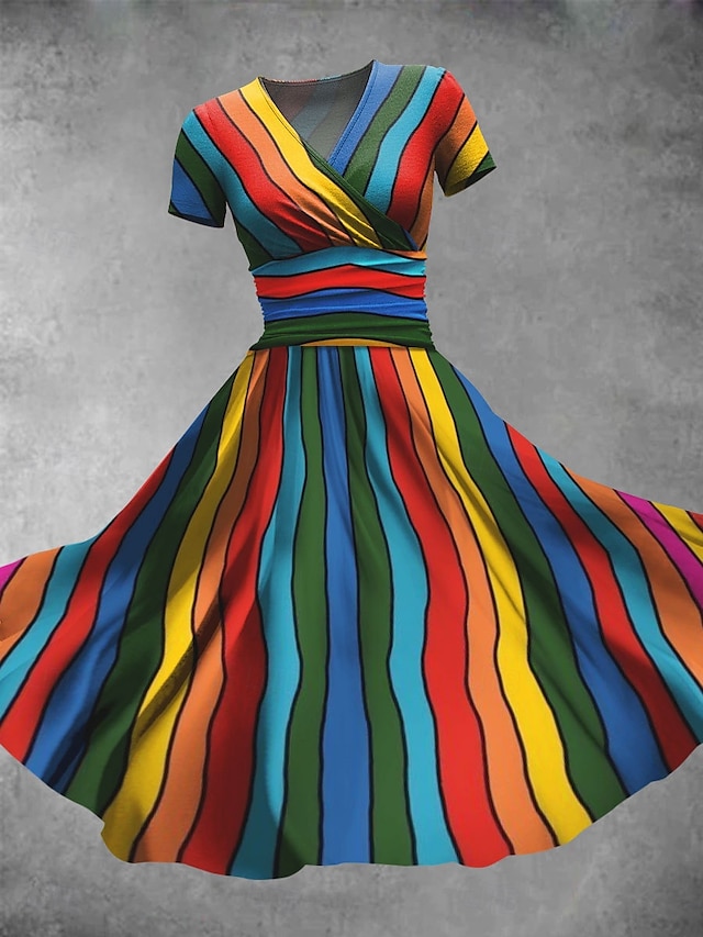  Damen Midikleid A Linie Kleid Sommerkleid Figurbetontes Kleid Party Lässig Täglich Ferien Normale Passform Grafik Geometrisch Farbblock Kurzarm V Ausschnitt Gelb Purpur Grün Sommer