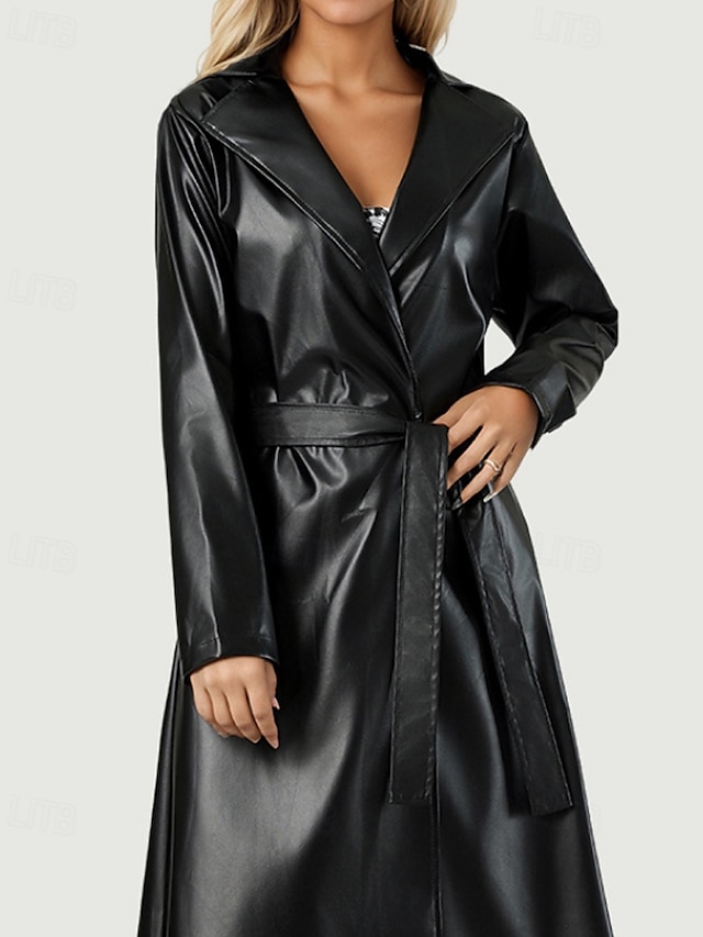  Damen Trenchcoat Warm Bequem Tasche Aktiv Mode Einfach Ausgehen Wochenende Offene Vorderseite Lang Umlegekragen Normale Passform Langarm Oberbekleidung Schwarz Herbst Winter