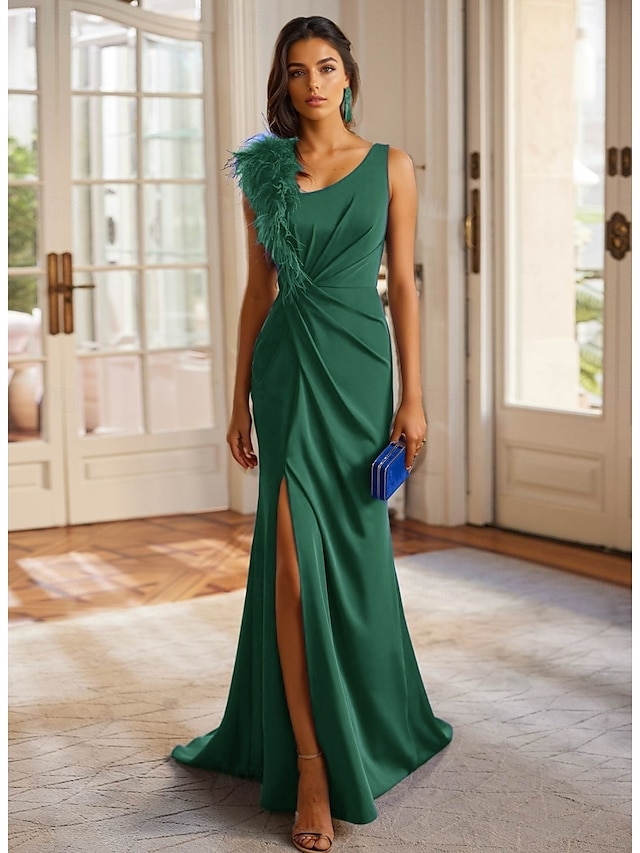  Vestido de noite elegante, verde e azul, coluna, formal, para convidados de casamento, longo, sem mangas, gola redonda, crepe elástico destacável, com penas e franzido, 2025