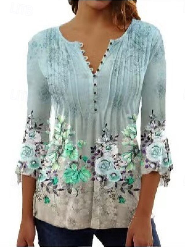 Women's Texture Blouse Blouse Floral Daily Stylish 3/4 Length Sleeve Crew Neck Regular Tops Daily Holiday Buttons Print Green Summer Spring4