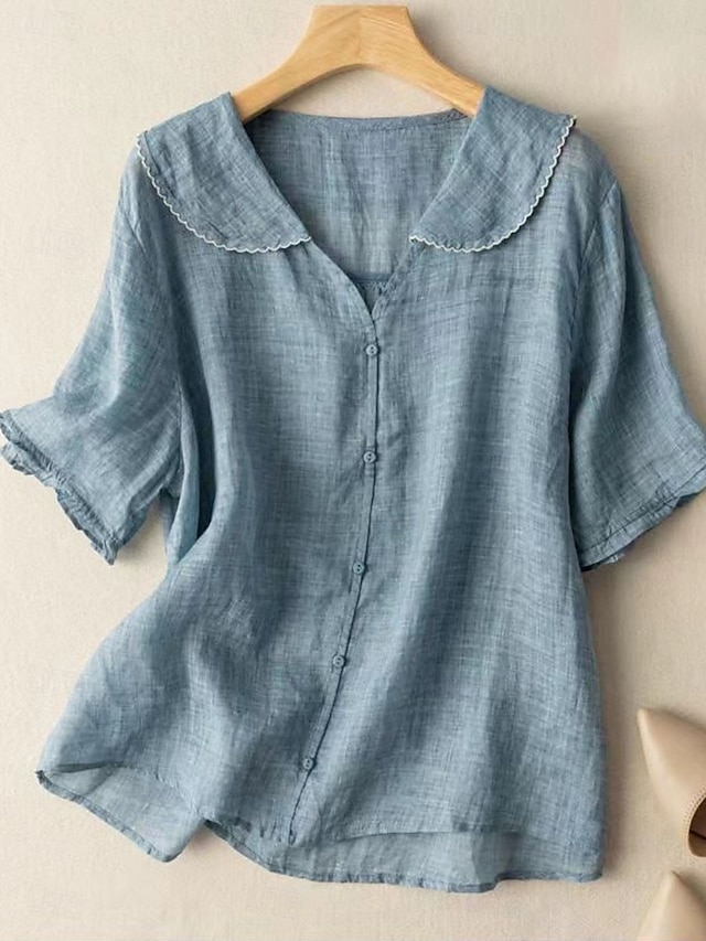  Femmes Chemises en coton et lin Couleur Unie Basique Occasionnel Manche Courte Col de chemise Hauts Réguliers Quotidien Boutons Blanche Rose Claire Bleu Orange Vert Été Printemps