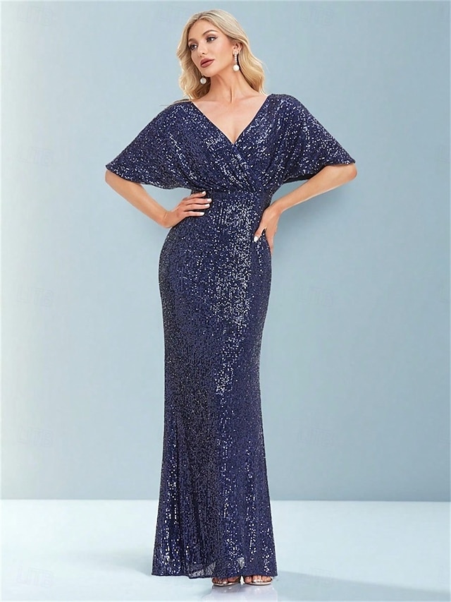  Abiti da festa per quindici anni sirena  tromba abito elegante formale da matrimonio lunghezza a terra maniche corte scollatura a V poliestere con glitter