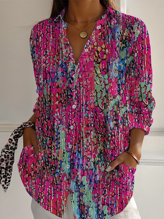  Per donna Camicia Floreale Attivo Quotidiano Elegante Manica Lunga Colletto a Camicia Top Regolari Quotidiano Ferie Bottoni Stampato Rosso Blu Fucsia Verde Primavera Autunno