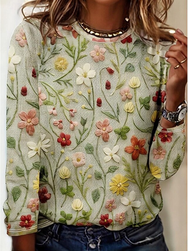 Women's T shirt Long Sleeve Crew Neck Long Sleeve Tunic Floral Graphic Casual Regular Tops Daily Print Grass Green Spring Fall Prefall4