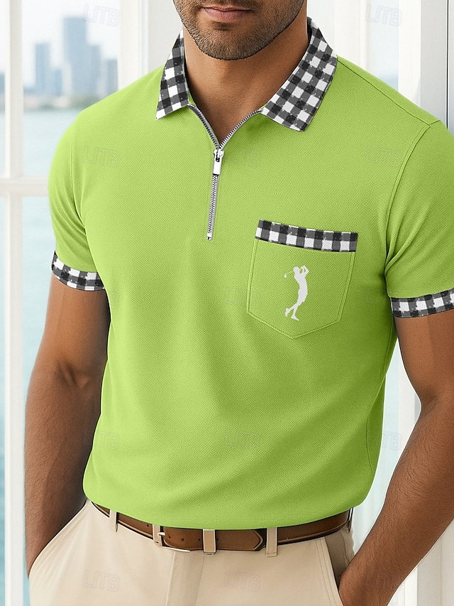  Herr Golftröja Semester Arbete Kavajslag Ribbstickad polokrage Kortärmad Grundläggande Modern Färgblock Lappverk Knappar Sommar Vår Vår & sommar Normal Vit Gul Marinblå Grön Golftröja