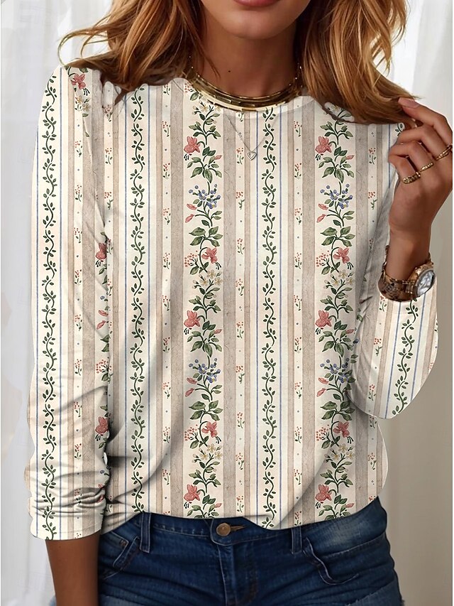  Women's T Shirt Floral Fashion Modern Casual Long Sleeve Crew Neck Regular Tops Daily Weekend Print off-white Fall Winter