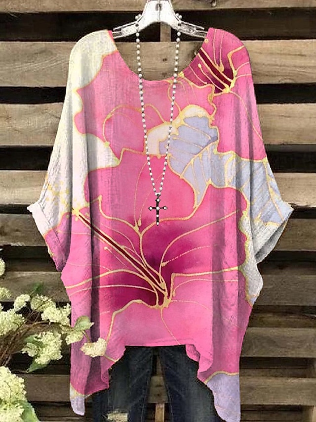  Femmes Chemisier Fleuri Graphique Élégant ancien Quotidien Manche Courte Manche Chauve-souris Col ras du cou Hauts Réguliers Quotidien Fête Tenue de plage Rose Claire Bleu Vert Été Printemps