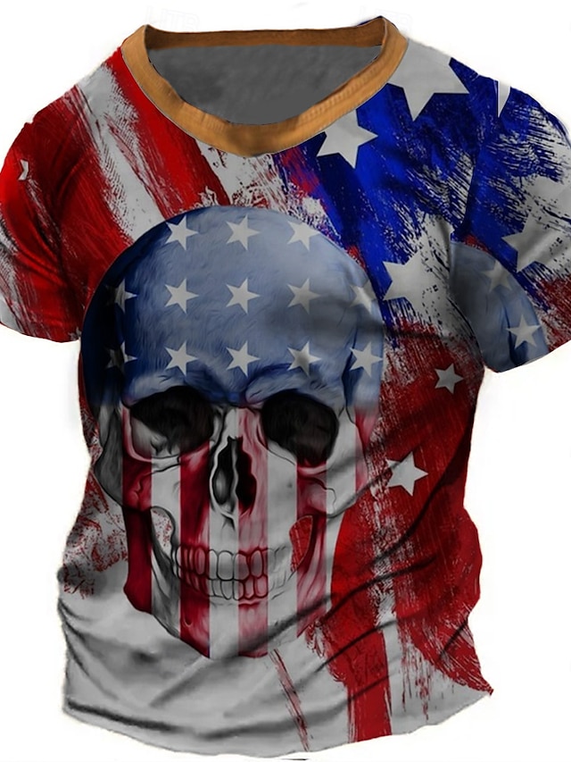 Amerikansk uavhengighetsdag Herre Hodeskaller Amerikansk amerikansk flagg T skjorte Kortermet T skjorte 3D-utskrift Crew-hals Rund hals Skjorte Mote Daglig Grunnleggende Gate Avslappet Daglig Bl