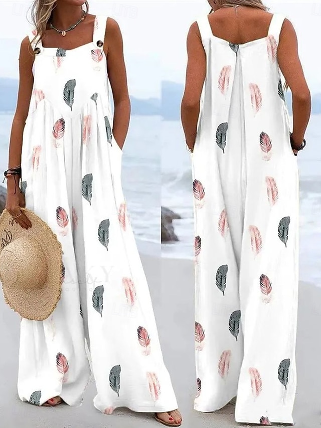  Mujer Conjuntos inspirados en el lino Activo Floral Sin Mangas Perneras anchas Vacaciones Hogar Holgado Negro Blanco Amarillo Verano