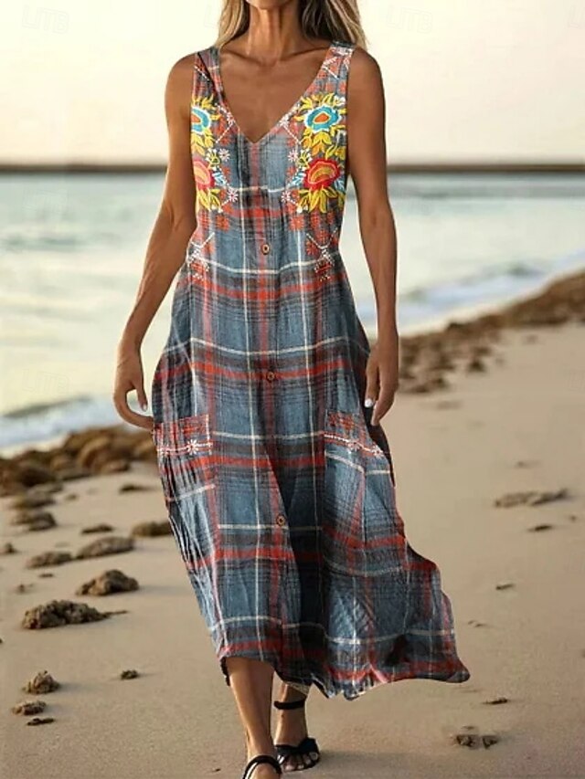  Damen Langes Kleid Maxikleid Freizeitkleid Trägerkleid Sommerkleid afrikanisch Täglich Ferien Strand Normale Passform Blumen Karomuster Ärmellos V Ausschnitt Königsblau Blau Fuchsie Sommer