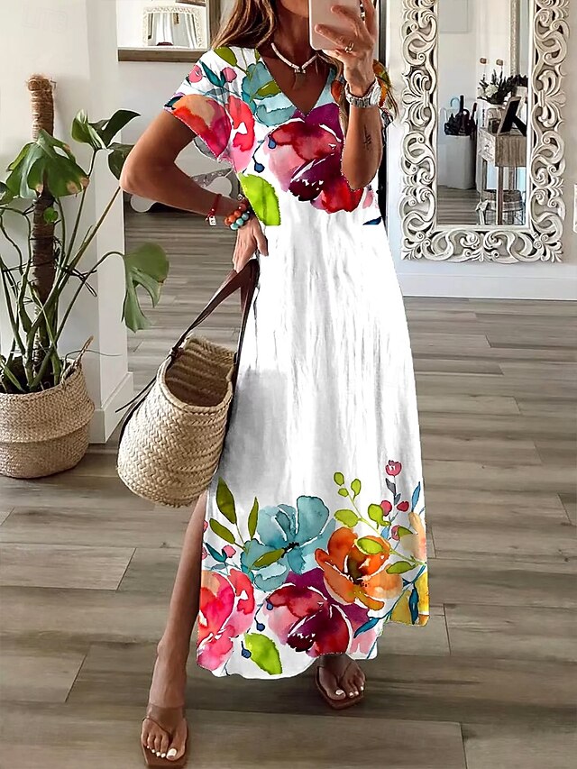 Women's Maxi Dress Casual Dress Sundress A Line Dress Elegant Vacation Casual Holiday Beach Regular Fit Ombre Floral Graphic Short Sleeve V Neck White Summer Spring4