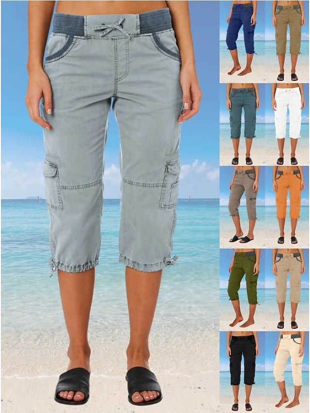  Dam Militärbyxor Semester Mode Streetwear Vadlängd Hög midja Slät Ficka Bekväm Mjuk Microelastisk Utomhus Gata Gul-Brun Svart Vit Orange Sommar Normal