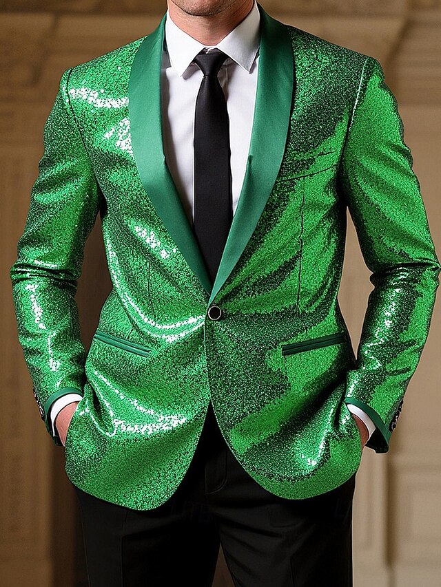  Herr Kavaj Företag Cocktailfest Bröllopsfest Mode Ledigt Vår Höst Polyester Ensfärgat Ficka Knappar Bekväm Enkelknäppt Blazer Grön