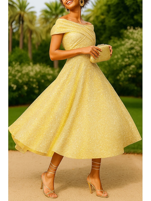  Abiti Cocktail A-Line Jacquard Oro Scintillante Abito Elegante Matrimonio Formale Lunghezza Tè Lunghezza Midi Senza Maniche Spalle Scoperte con Pieghe