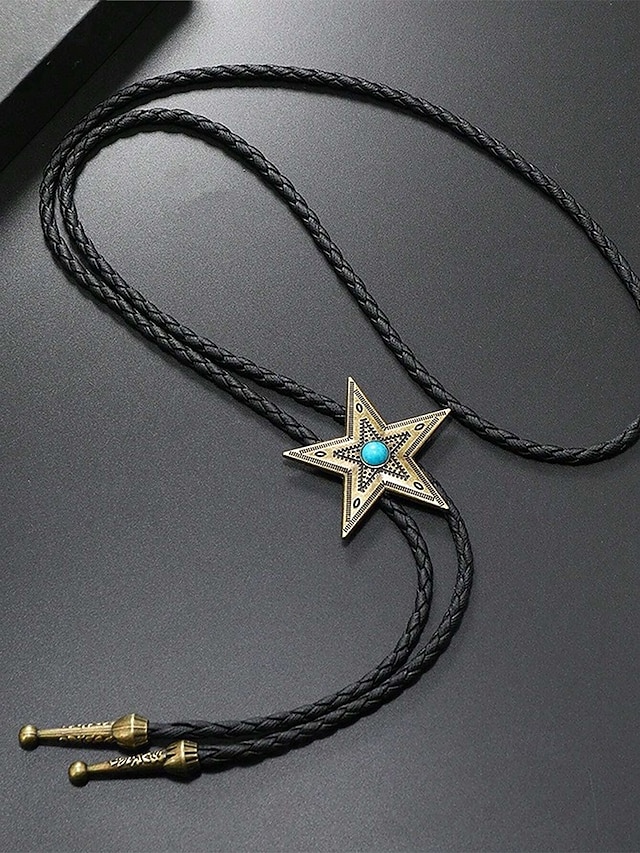  Cravate bolo western star pour homme avec centre turquoise, métal bronze antique ou argent, cordon en cuir tressé réglable, cravate vintage cowboy rodéo pour concerts country, mariages et usage quotidien