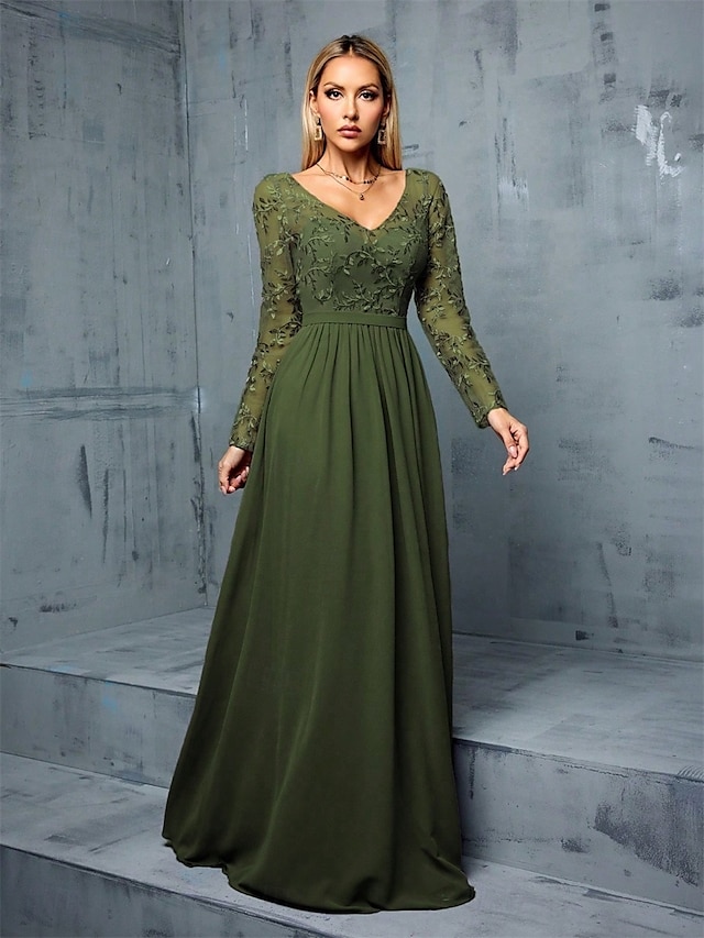  A-Lijn Quinceanera Jurken Elegante Jurk Formele Bruiloft Vloerlengte Lange Mouw V-Hals Chiffon met Plooien