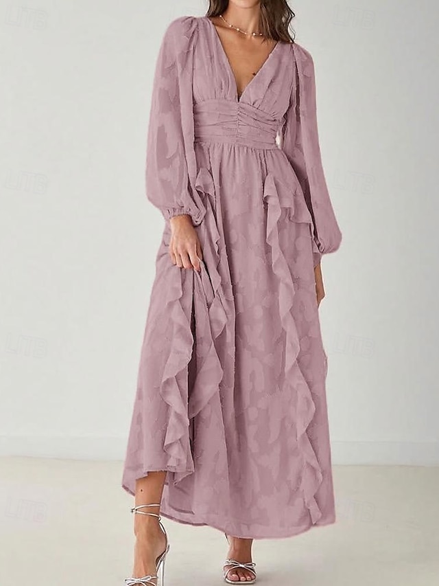  Linha A Vestido Para Mãe dos Noivos Formal Convidado do casamento Elegante Simples Minimalista Decote V Longo Chiffon Renda Manga Longa com Franzido Babados em Cascata 2025