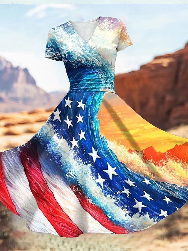  Rochie midi patriotică pentru femei rochie fit and flare rochie de petrecere casual tipică pentru zi și vacanță grafic steag stele și dungi mânecă scurtă guler în V albastru regal albastru închis