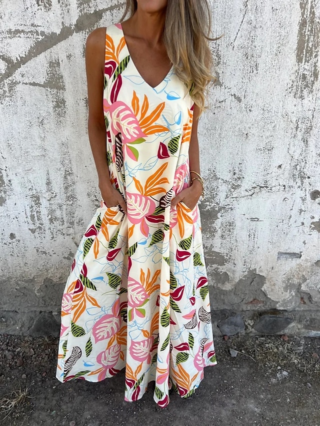  Mujer Vestido maxi Vestido de una línea Vestido lencero Vacaciones Casual Boho Exterior Noche Ajuste regular Floral Sin Mangas Escote en Pico Azul Piscina Albaricoque Beige Verano