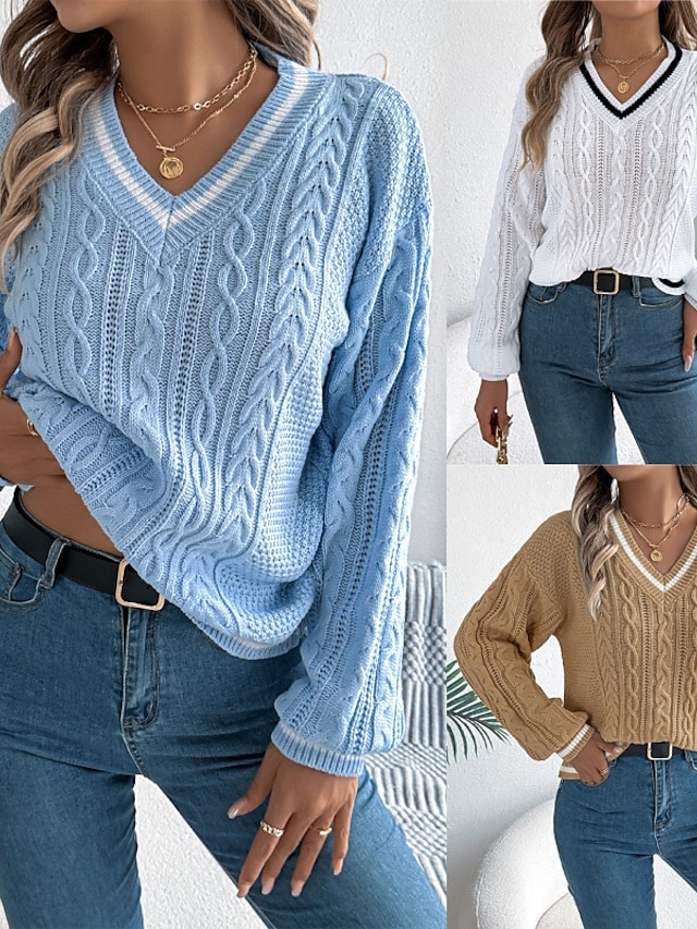 Damen Pullover Lässig Farbblock Gerippt V Ausschnitt Patchwork Gestrickt Langarm Normale Oberteile Stricken Täglich Ferien Ausgehen Weiß Blau Herbst