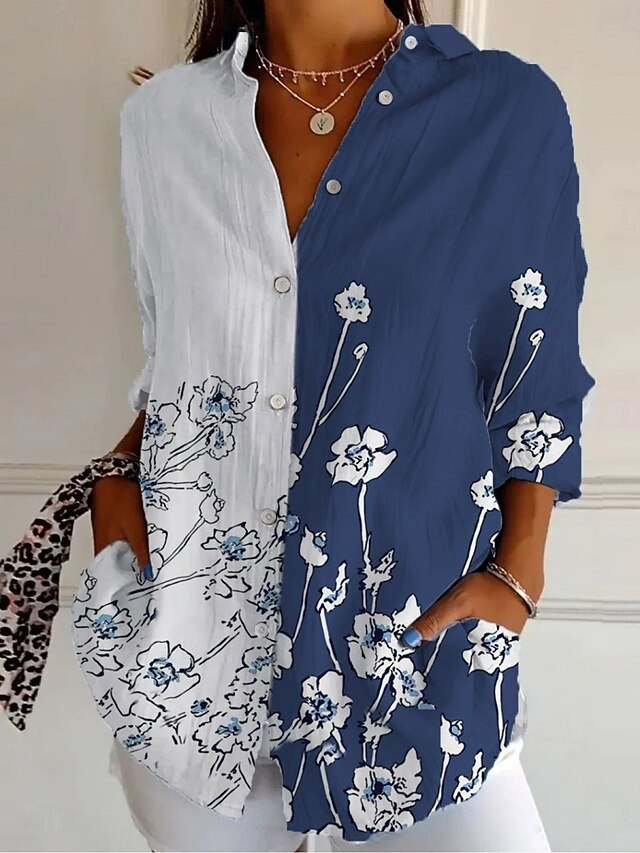 Women's Shirt Floral Active Daily Stylish Long Sleeve Shirt Collar Regular Tops Daily Holiday Buttons Print Blue Spring Fall4