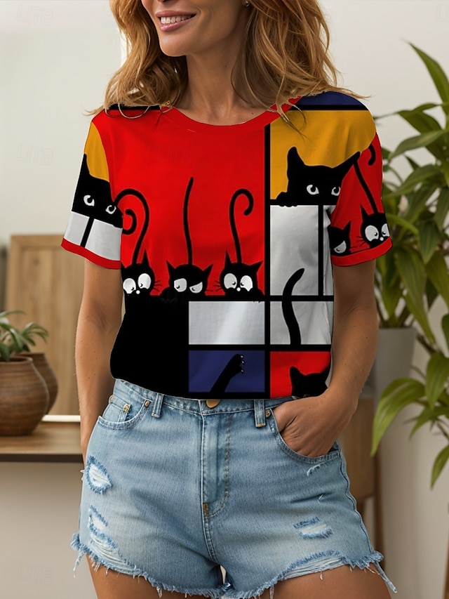 Pentru femei Tricou Grafic Geometric Pisica Epocă Stilat Clasic Manșon scurt Stil Nautic Rotund Topuri obișnuite Zilnic Sfârșit de săptămână Imprimeu Galben Roșu-aprins Albastru piscină Vară Primăvară