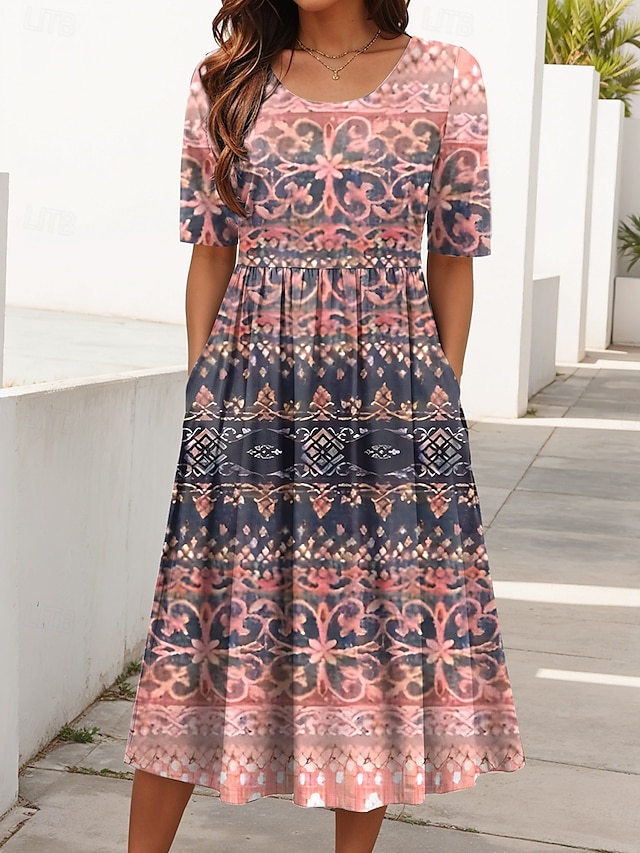  Pentru femei Rochii Midi Rochie de vară Rochie plisata Vacanță Casual Concediu Fit regulat Grafic Geometric Manșon Jumate Stil Nautic Roz Îmbujorat Albastru piscină Mov Trifoi Vară Primăvară Toamnă