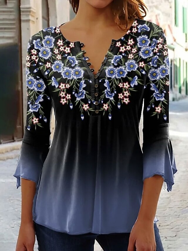 Women's Blouse V Neck Ombre Floral Graphic Elegant 3/4 Length Sleeve Regular Tops Daily Going out Buttons Pink Blue Green Spring Fall4