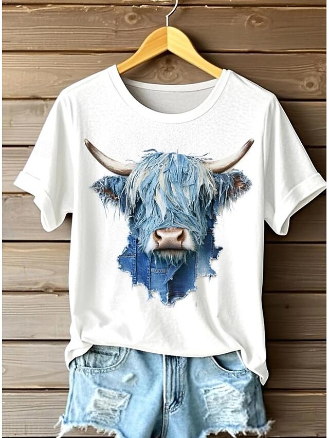 Women's T Shirt Graphic Animal Cow Vintage Stylish Classic Short Sleeve Crew Neck Round Neck Regular Tops Daily Weekend Print White Summer Spring3