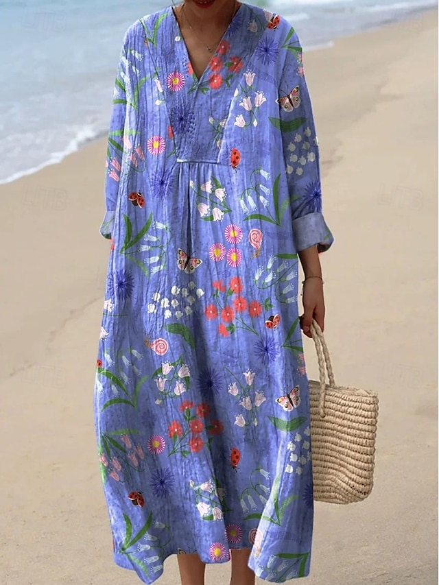  Damen Midikleid Sommerkleid A Linie Kleid Urlaub Lässig Boho Ausgehen Blumen Grafik Langarm V Ausschnitt Rosa Blau Violett Fuchsie Sommer Frühling