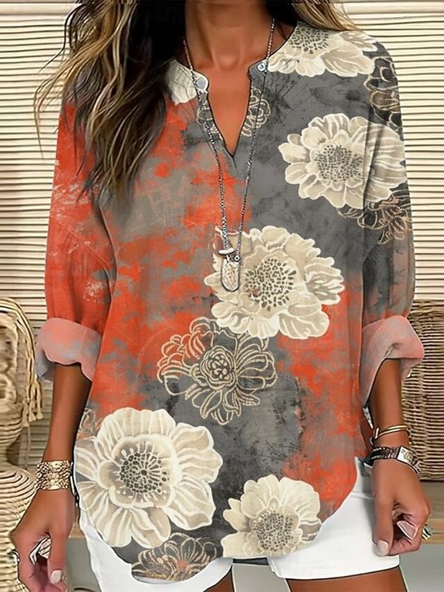 Women's Shirt Floral Stylish Modern Long Sleeve V Neck Regular Tops Daily Holiday Buttons Print Red Purple Summer4